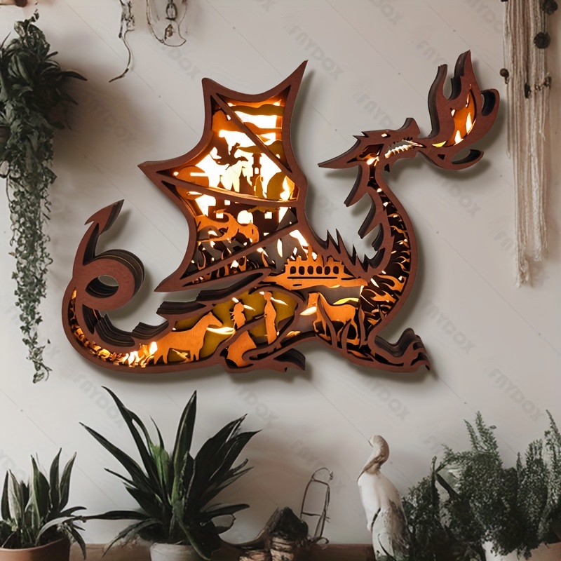 1pc Fire Dragon Wood Carving Decoration, Western Dragon Wood Products LED  Night Light, Indoor Decoration Art, Christmas Decoration Gift Commemorative