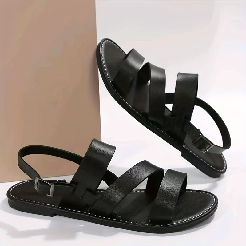 Women's Roman Flat Sandals, Solid Color Open Round Toe Ankle Strap Shoes, Casual Beach Sandals details 7