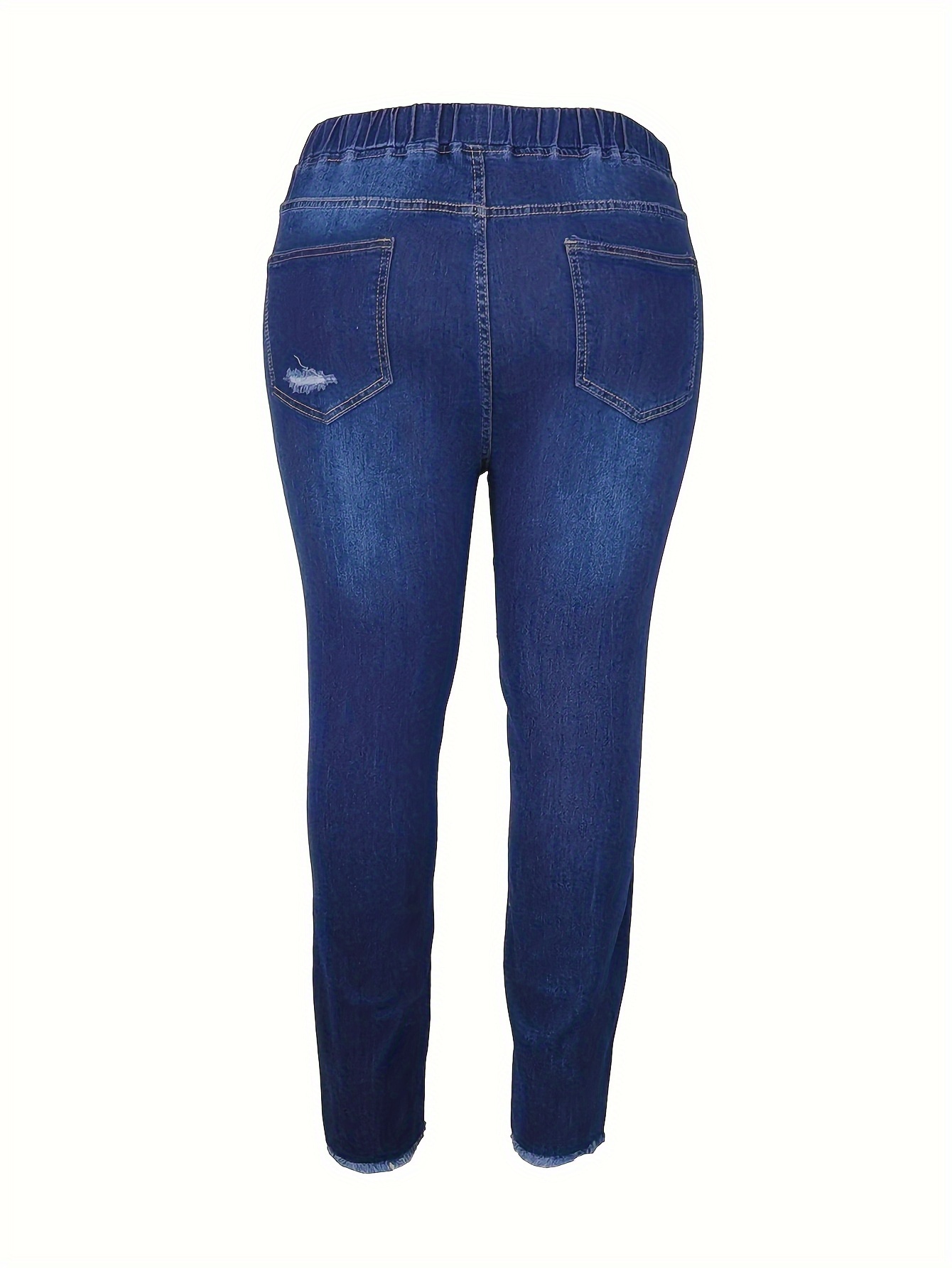 Denim Pocket Elastic Waist Trousers High Hole Jeans Plus Size