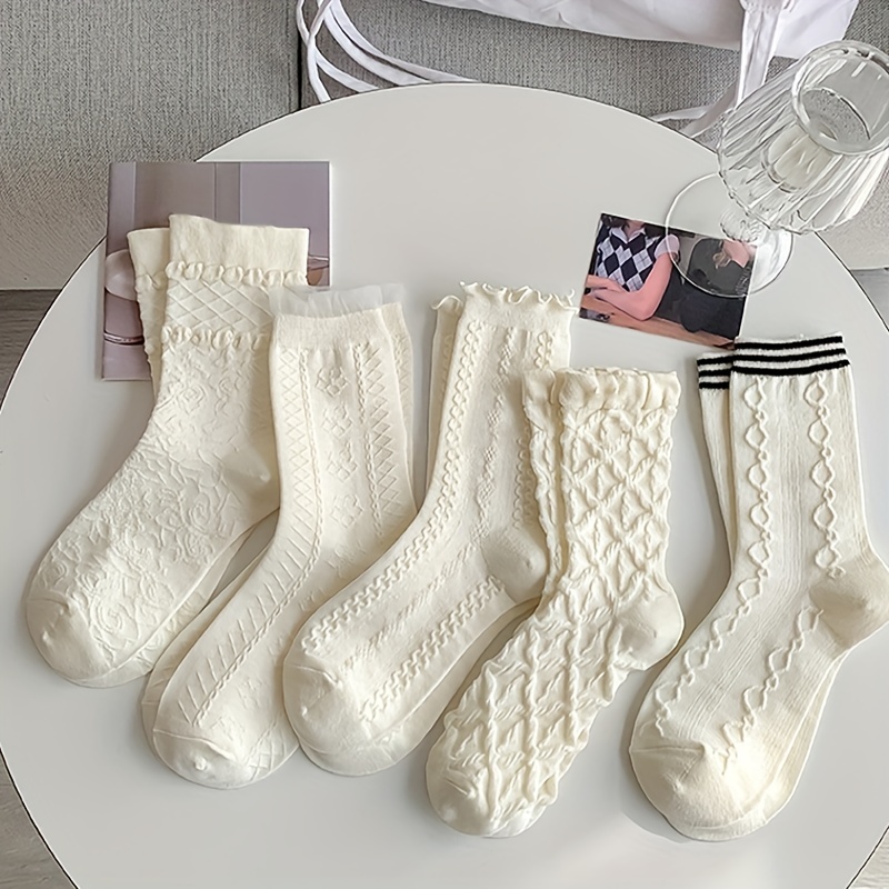 

5 Pairs 3d Textured Socks, Sweet & Cute Lettuce Trim Socks, Women's Stockings & Hosiery