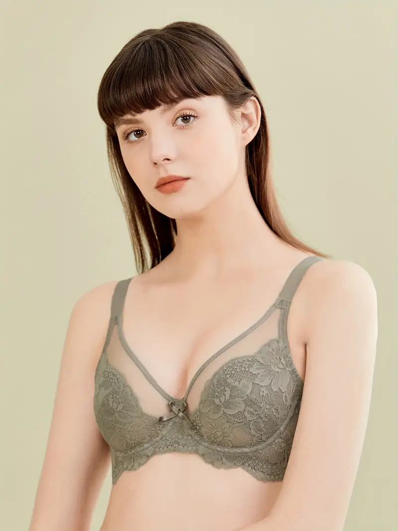 Simple Solid Floral Lace Underwire Bra, Comfy & Breathable Bow Knot Full  Coverage Bra, Women's Lingerie & Underwear