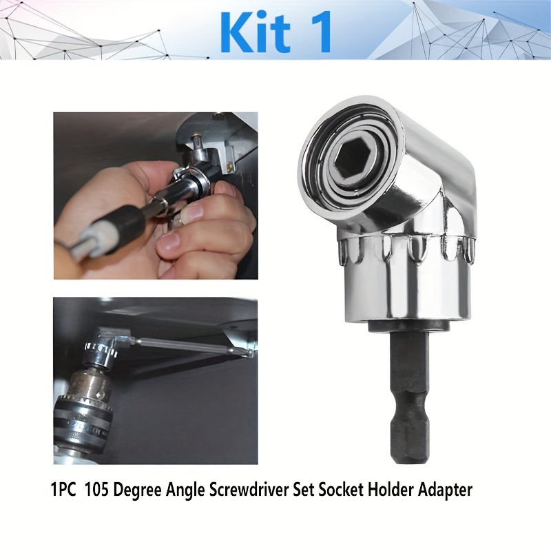 1pc Right Angle Drill Bit and 3pcs 1/2 3/8 1/4 Socket Adapter Kit Angle  Head 105 Degree Screwdriver Magnetic Quick Change Electric Drill Acce