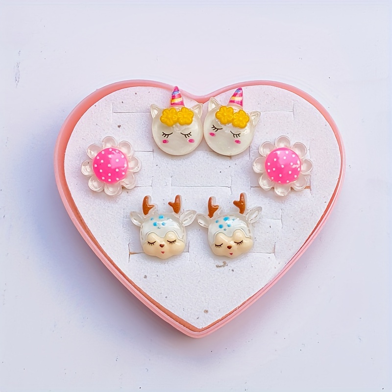3 Pairs Kids Clip-on Earrings No Piercing Princess Earrings Pendant Heart Gift Box Set Girls Cute Clip-on Ear Jewelry