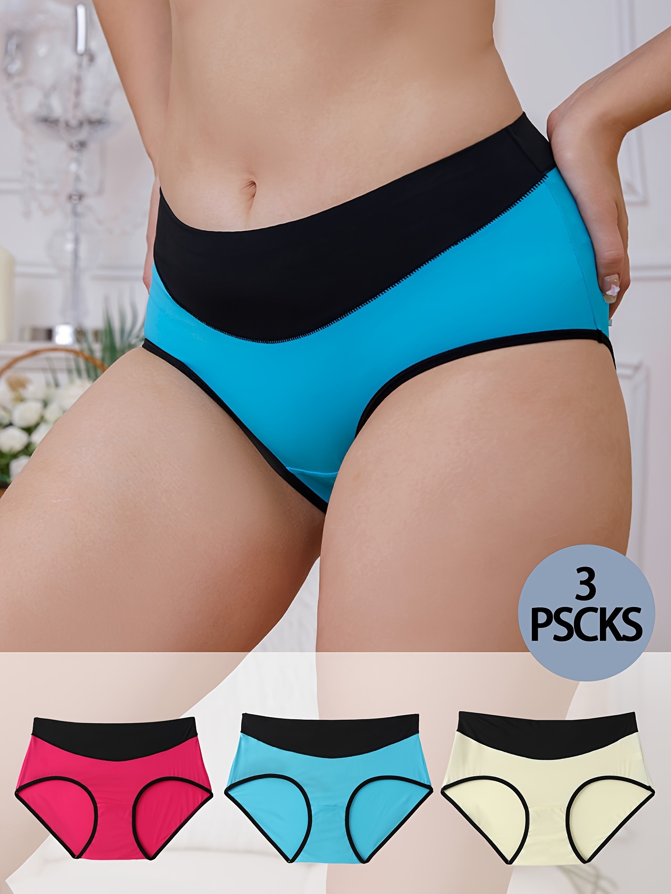 3 Pack Plus Size Elegant Panties Set, Women's Plus Colorblock Contrast  Binding High Waisted Stretchy Briefs 3pcs Set