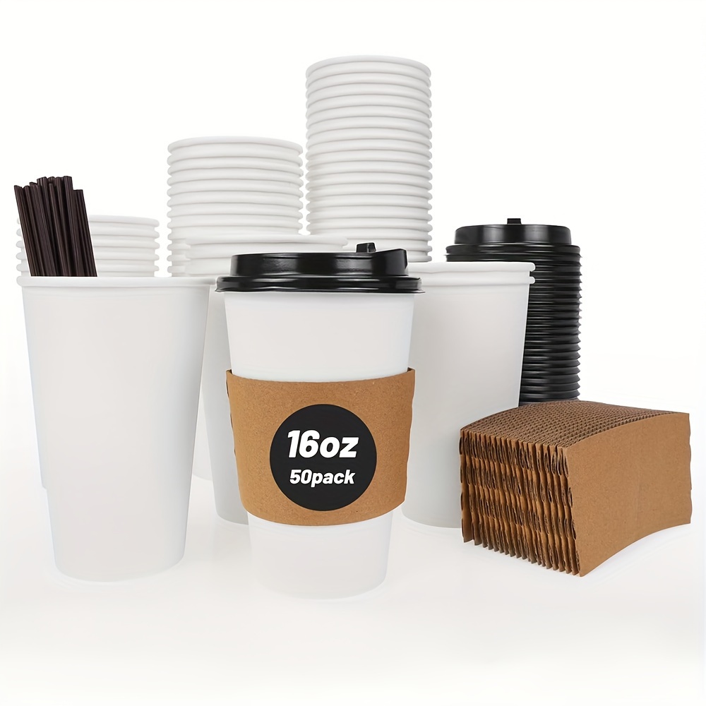 25 Pack] 16oz Disposable White Paper Coffee Cups with Black Dome Lids and  Protective Corrugated Cup Sleeves - Perfect Disposable Travel Mug for Home,  Office, Coffee Shop, Travel, Tea 