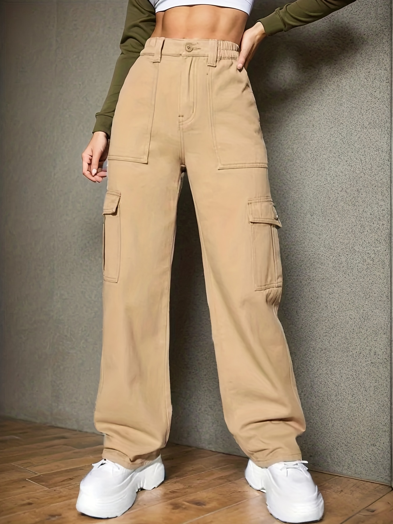 Brown Side Flap Pocket High Waist Cargo Jeans Solid Color - Temu