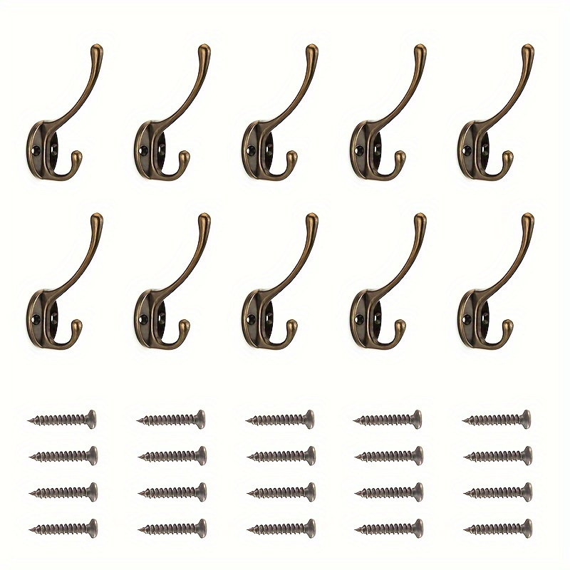 

10 Pack Heavy Duty Dual Coat Hooks Wall Mounted With 20 Screws Retro Double Hooks Utility Silvery Hooks For Coat, Scarf, Bag, Towel, Key, Cap, Cup, Hat