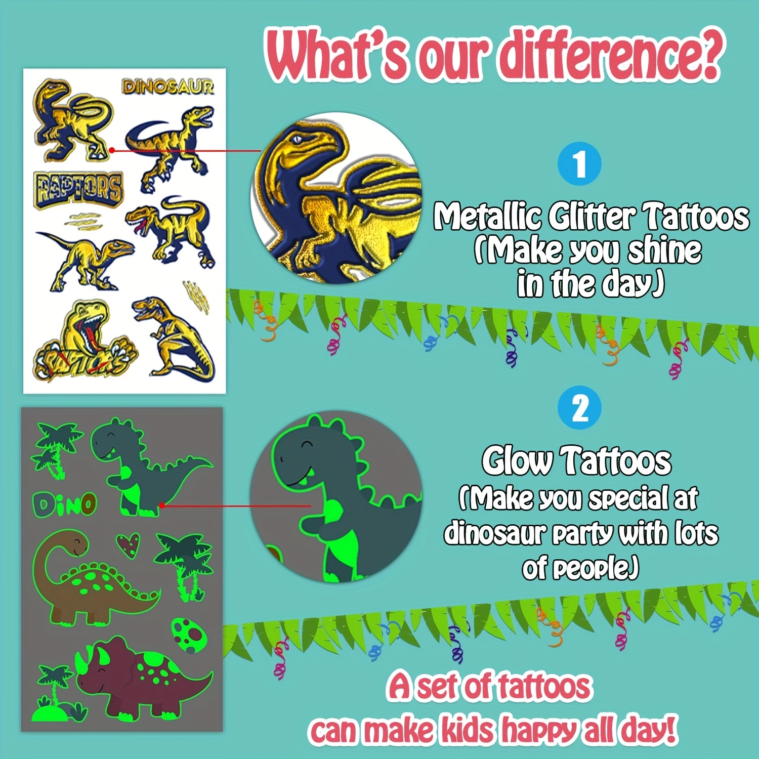 Tatuajes temporales de dinosaurio con purpurina para niños, 50 estilos,  tatuajes falsos de dinosaurio para niños y niños, suministros de fiesta de