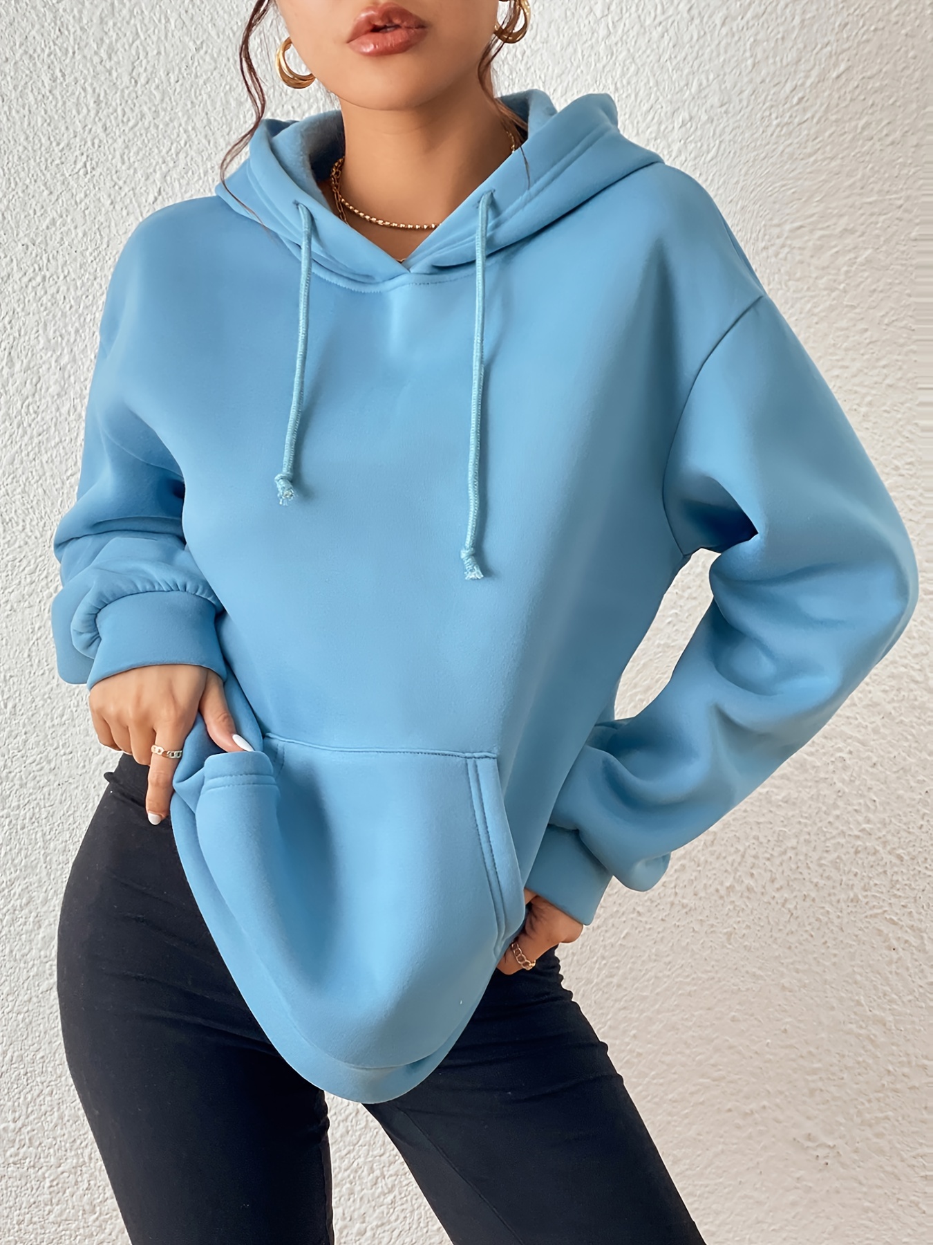 Solid Kangaroo Pocket Hoodie Long Sleeve Drawstring Thermal - Temu United  Kingdom