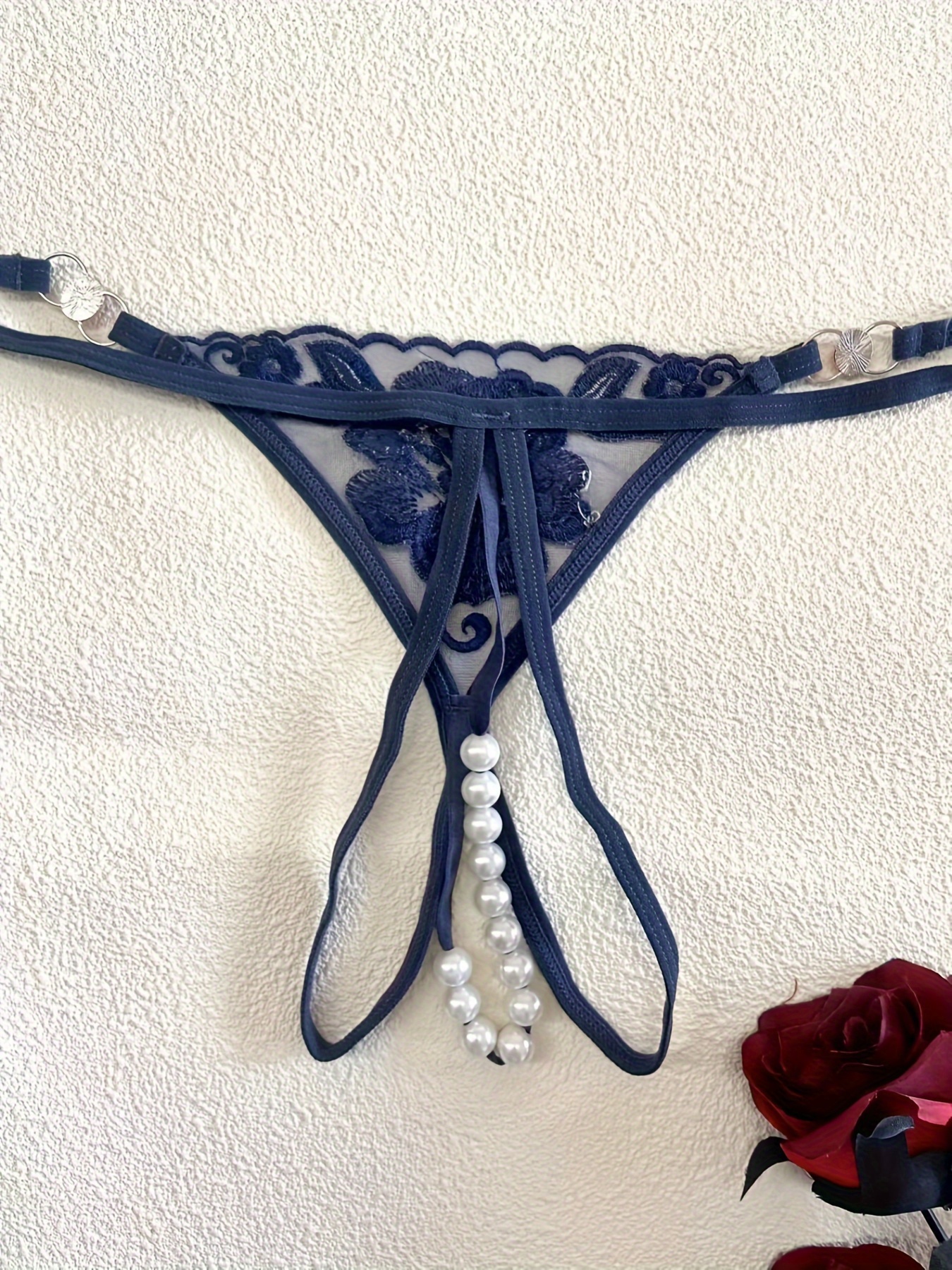 Floral Embroidery Thongs Sheer Open Crotch Faux Pearl - Temu