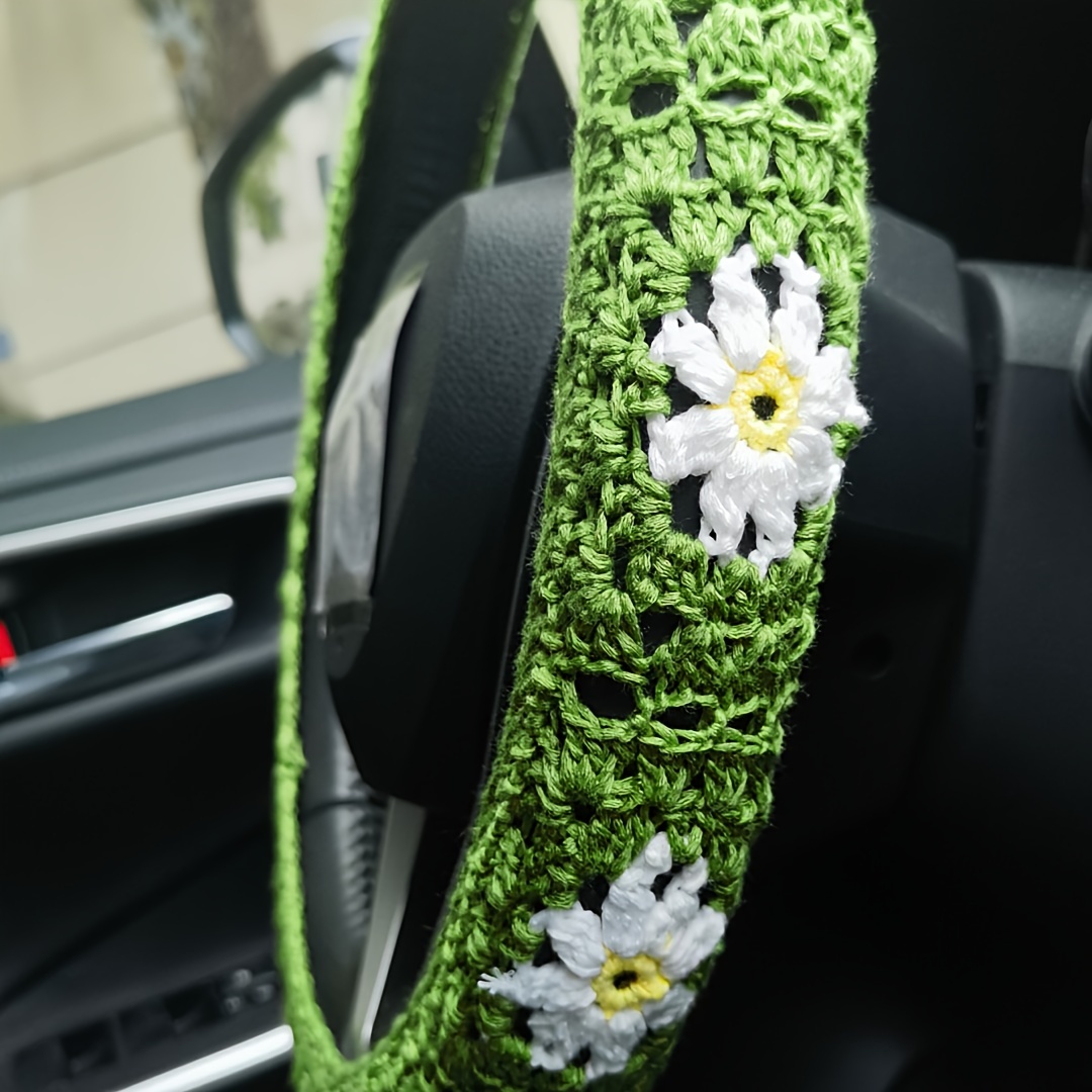 Steering Wheel Cover for Women, Crochet Daisy Flower Seat Belt Cover, Car  Accessories Decorations 