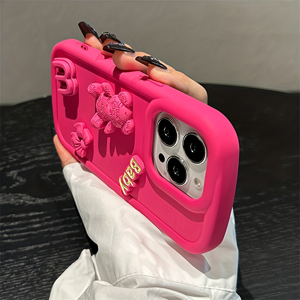 Korean Cute 3D Pink Bowknot Soft Silicone Phone Case For iPhone 15 14 13 12  11 Pro Max X XR Soild Color Shockproof Cover Funda 