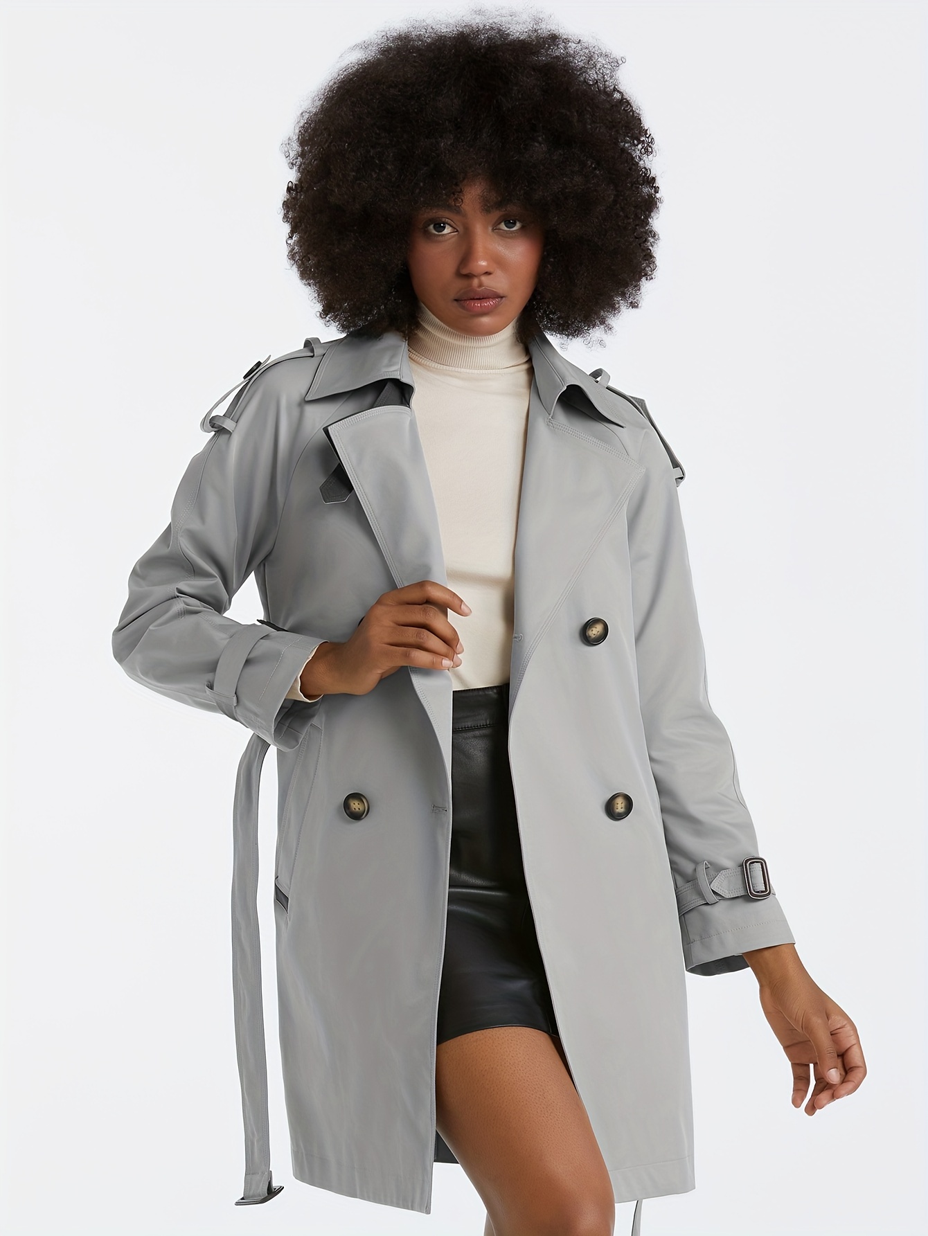 Double Breasted Solid Trench Coat Casual Long Sleeve Open - Temu