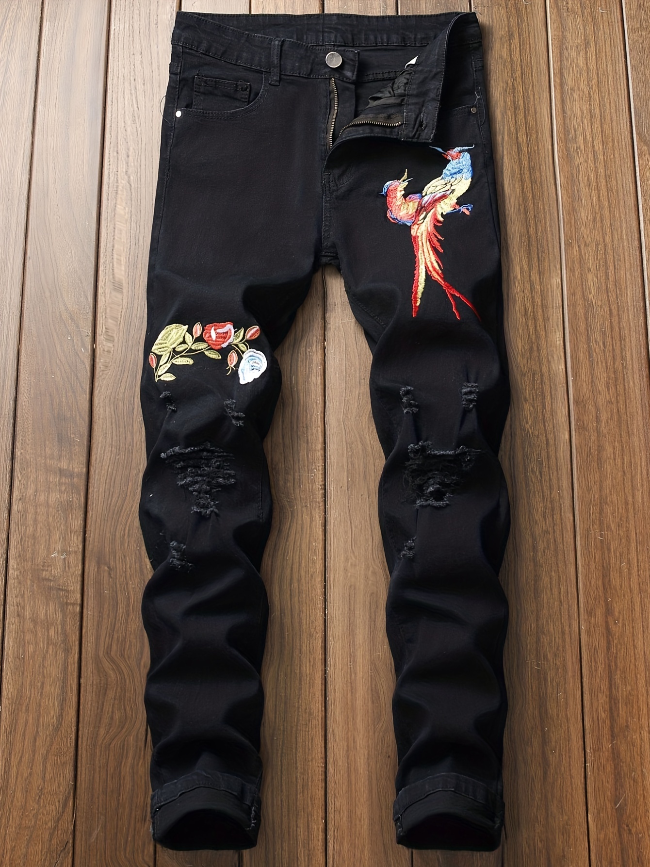 Men's Birds Embroidered Denim Jeans Trendy Slim - Temu