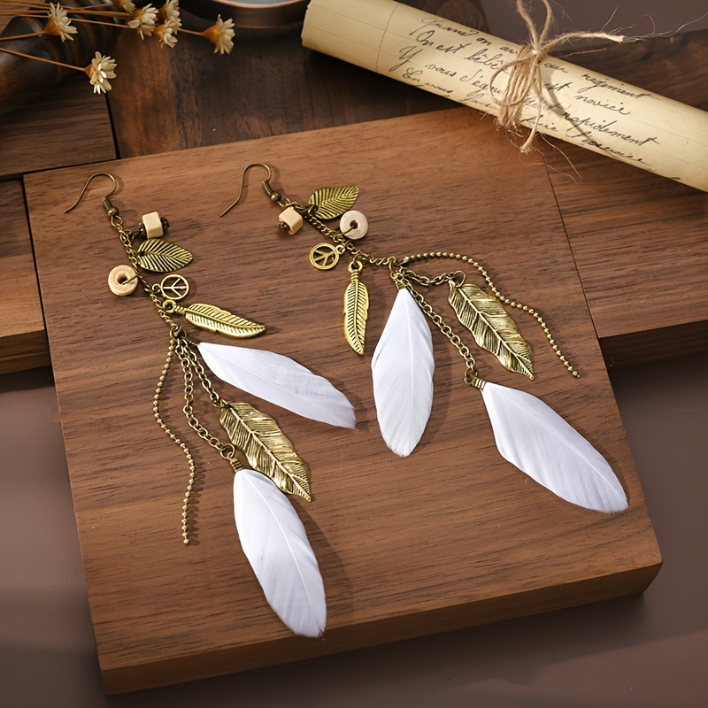Bohemian Style Feather Tassel Drop Earrings, Leaf Decor