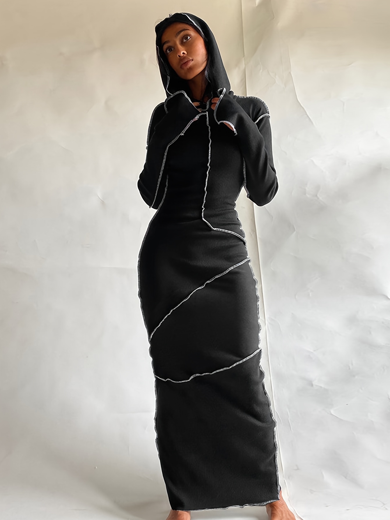 Stitching Hooded Dress Casual Long Sleeve Maxi Dress Women s Temu