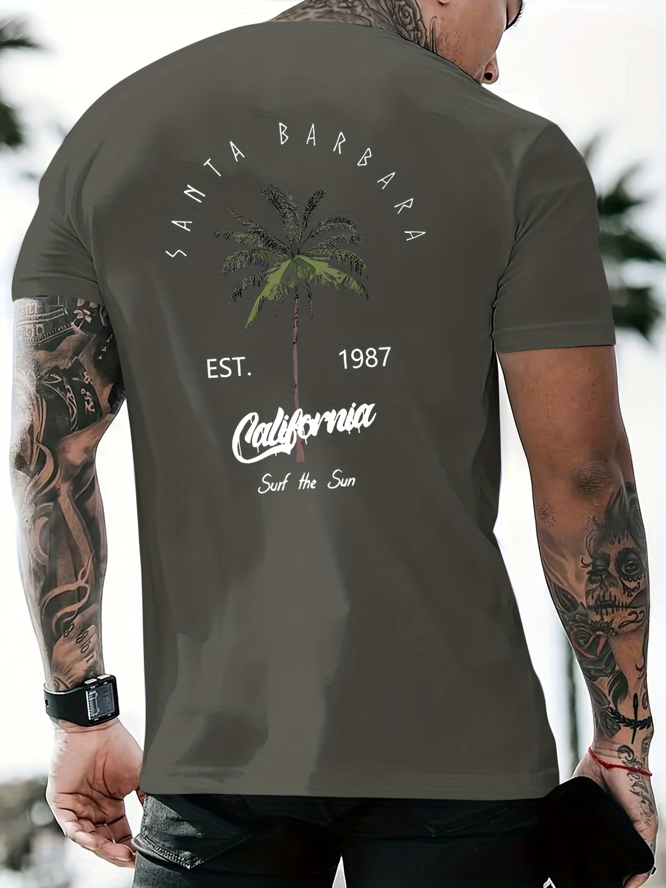 Coconut Tree Letter Pattern Print Men's Comfy Chic T shirt - Temu