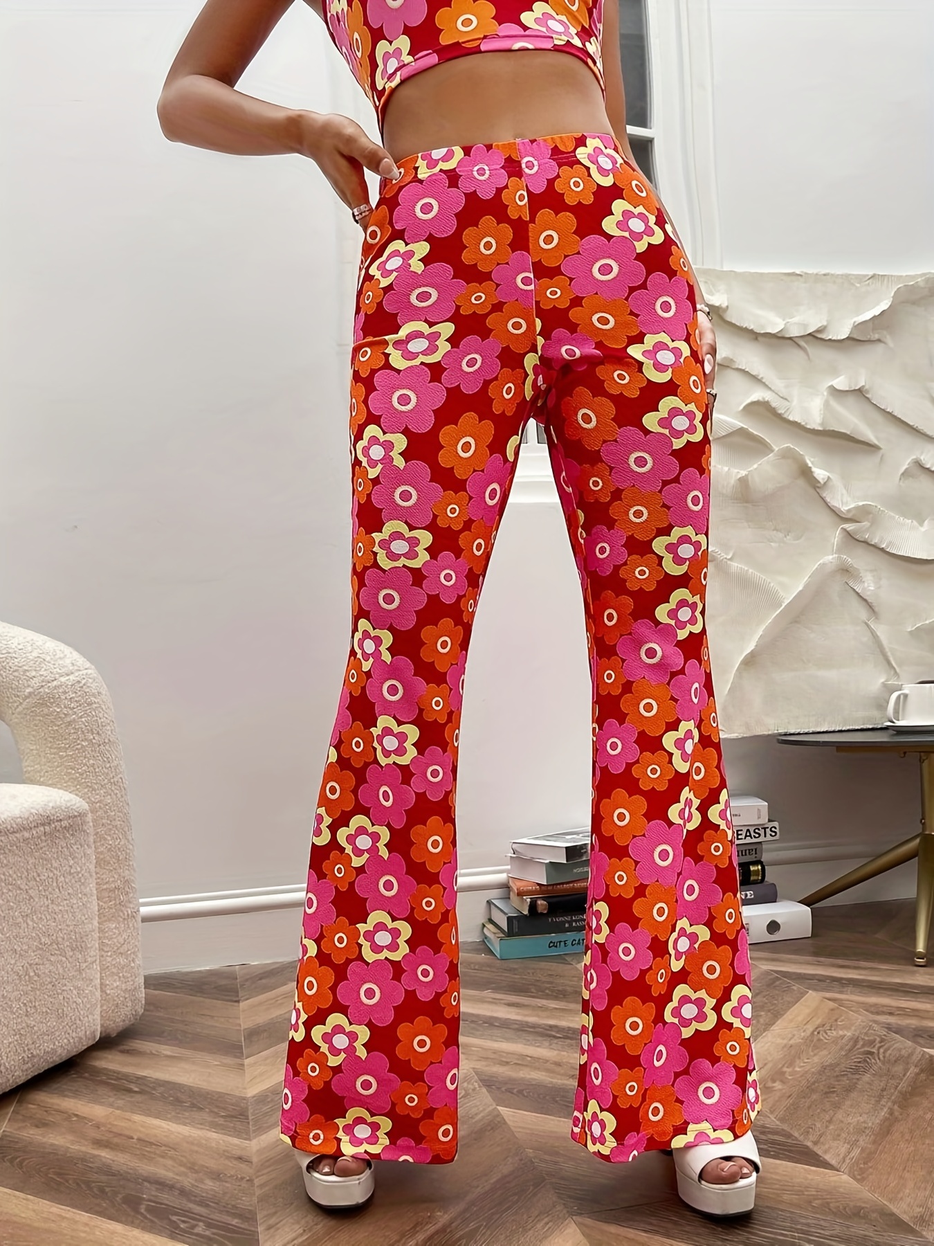 Ladies Beach Pants with Pocket Vintage Printed Wide Leg Trousers Elastic  High Waist Palazzo Pants Summer Vacation Pants Red at  Women's  Clothing store