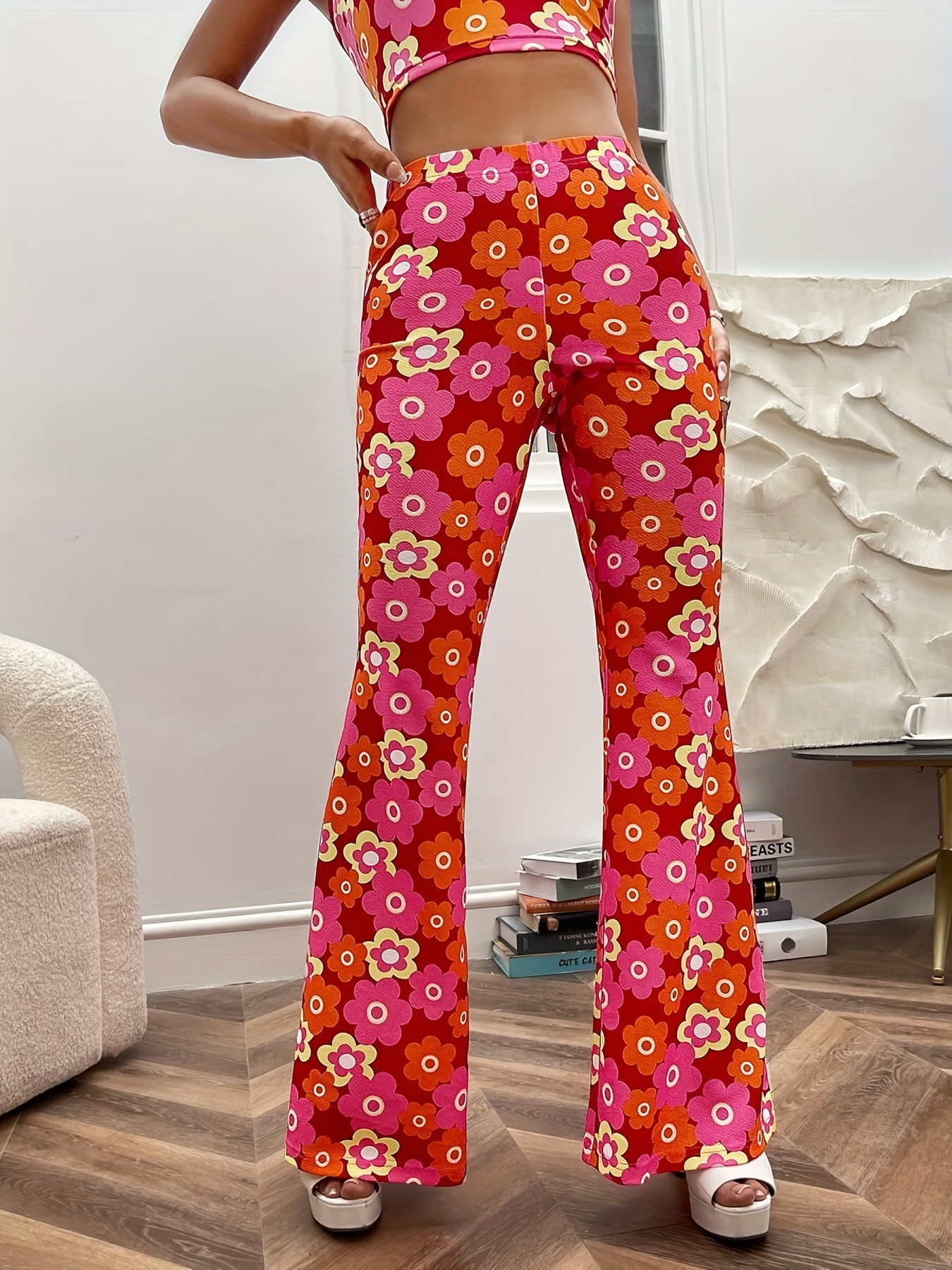 Floral Print Flare Leg Pants Boho Forbidden Pants Spring - Temu