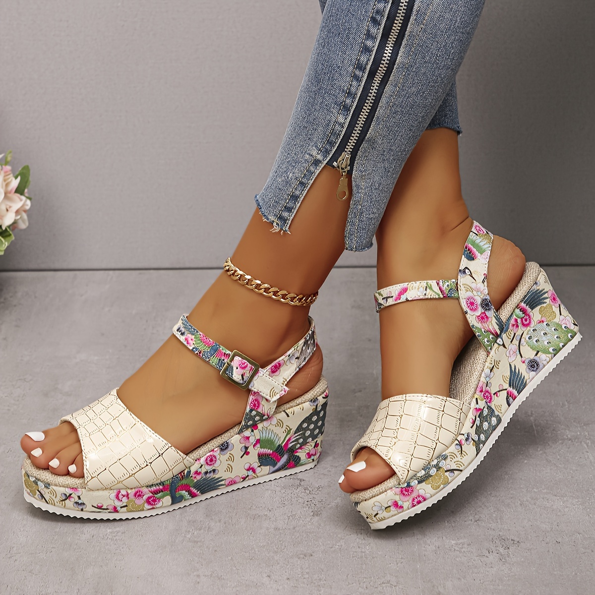 Women's Floral Pattern Wedge Sandals Open Toe Platform Ankle - Temu