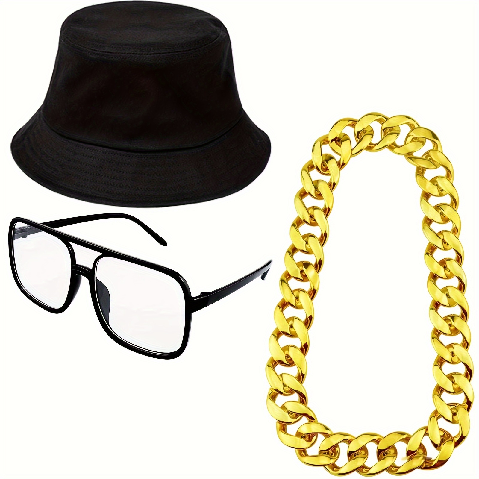 1set 80s 90s Hip Hop Costume Kit Black Bucket Hat Vintage Glasses Punk  Golden Necklace Fancy Dress Up For Rapper Dj Hippie Carnival Party Supplies, Shop On Temu And start Saving