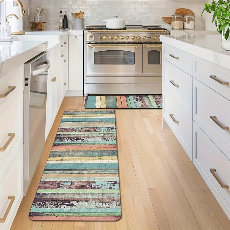 American Vintage Wooden Kitchen Carpet, Letter Printed Strip Floor