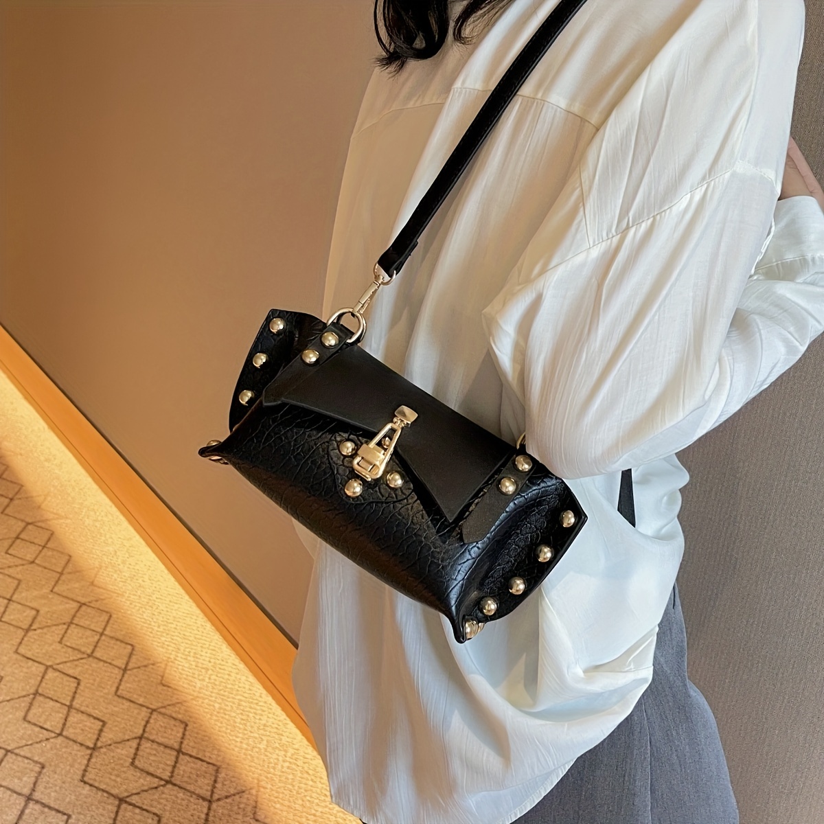 Studded Rivet Flap Clear Shoulder Bag Crossbody Purse with Transparent Strap