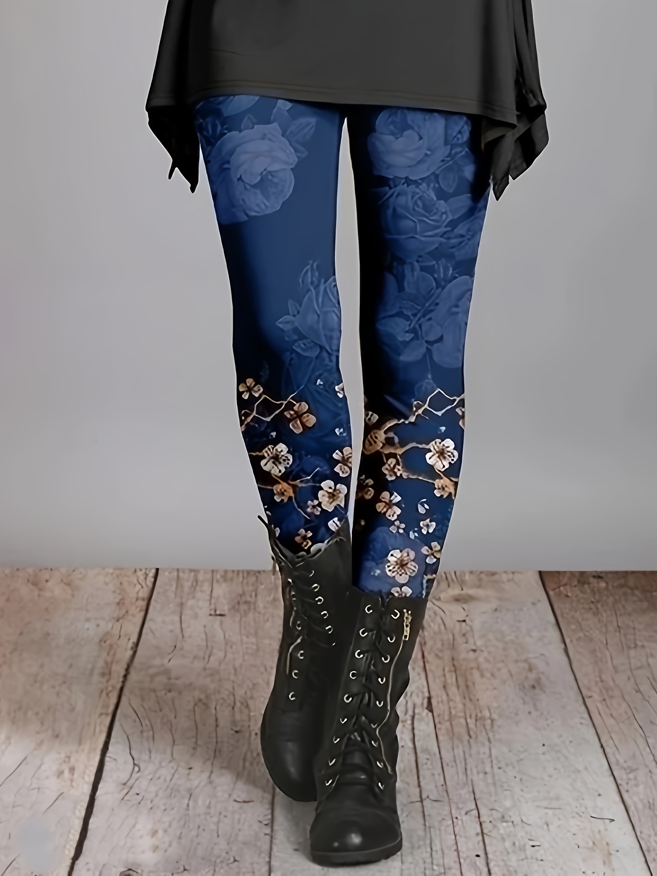 Floral Print Skinny Leggings Casual Elastic Waist Stretchy - Temu