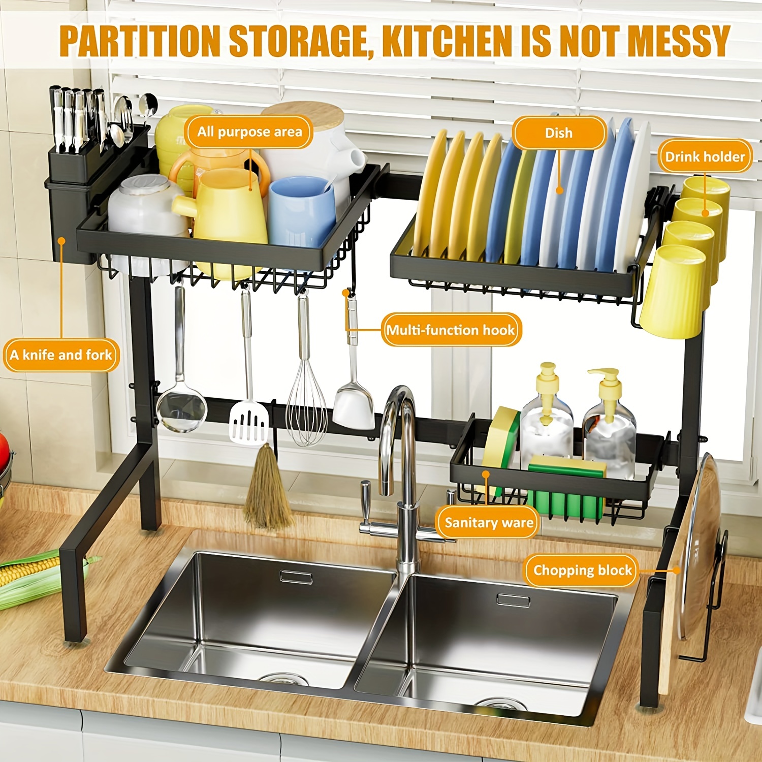  3-Tier Dish Drying Rack, Stainless Steel Dish Racks for  Kitchen Counter, Dish Drainers with Knife Holder, Hooks, Kitchen Supplies  Storage Shelf, with Drain Pan (63cm)