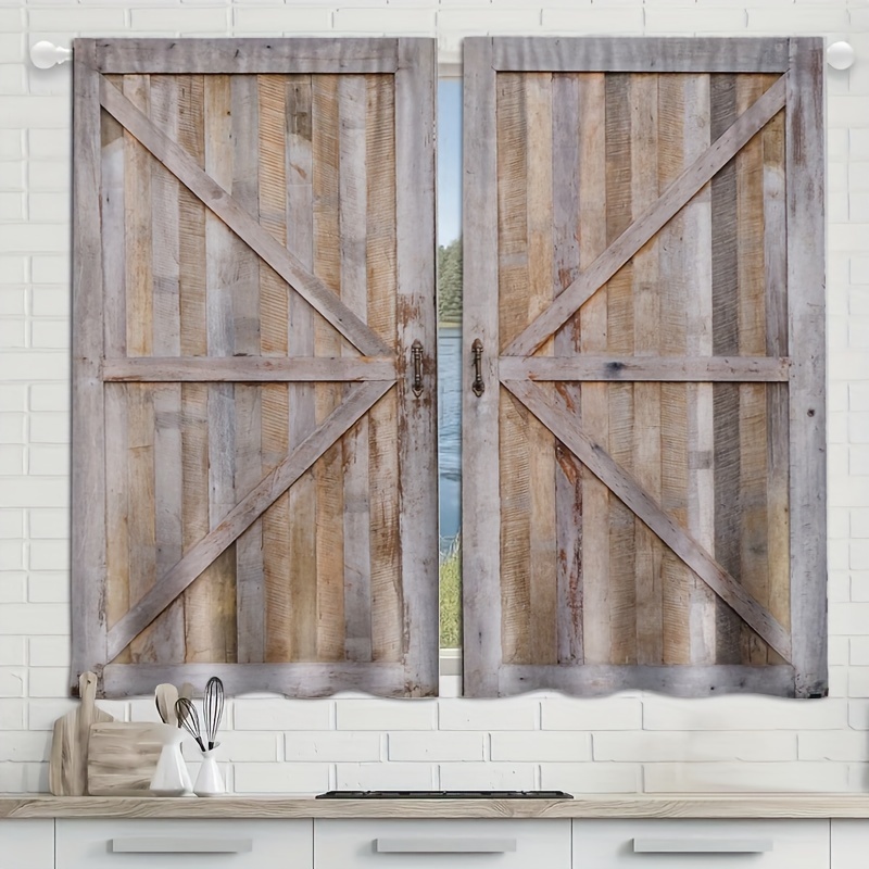 2 paneles Cortinas de puerta de granero de estilo granja con bolsillo para  barra, cortina retro de madera marrón rústica, decoración de pueblo campest