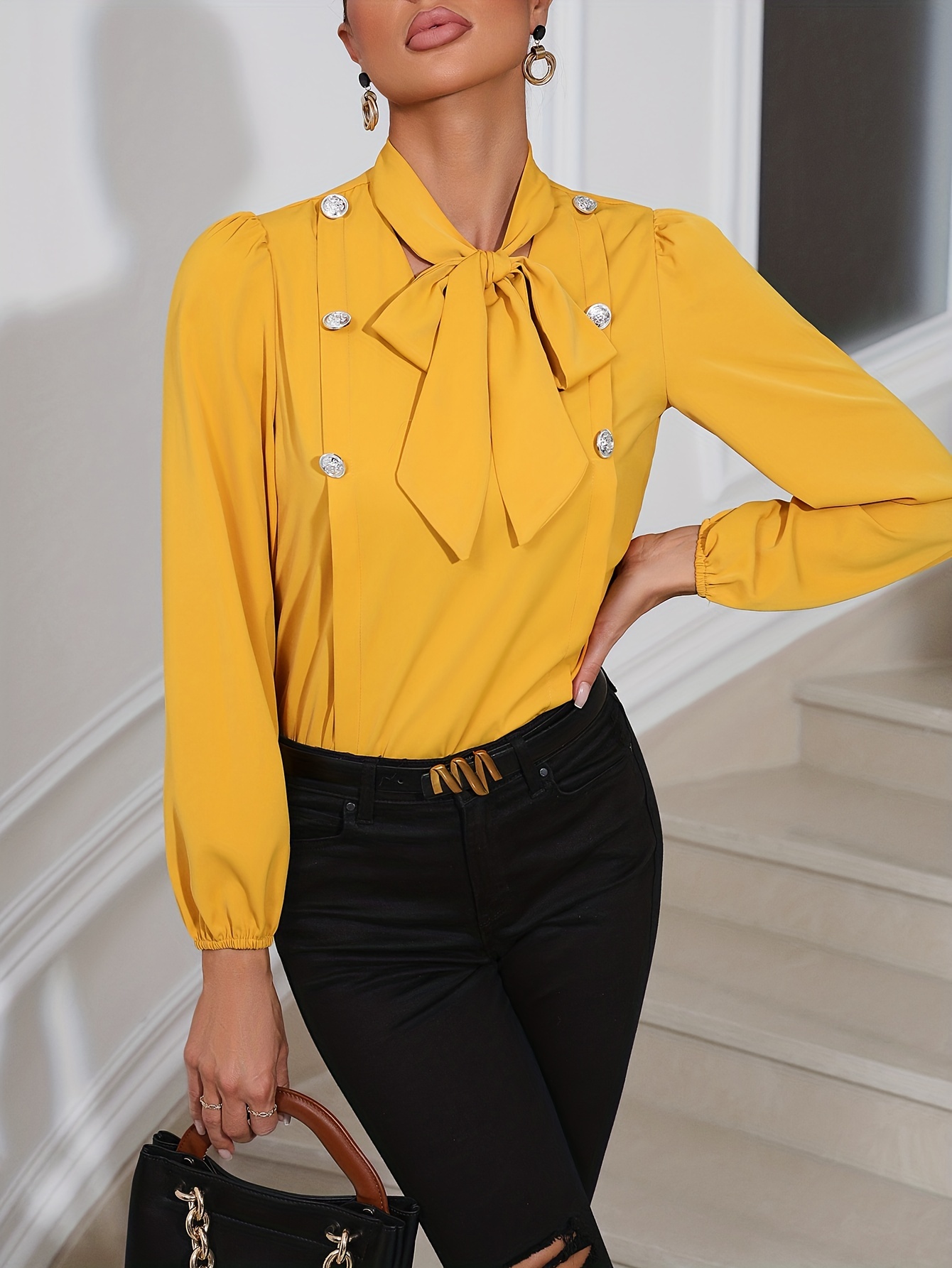 Elegante Blusa Satén Cuello Blusa Trabajo Manga Larga Ropa - Temu