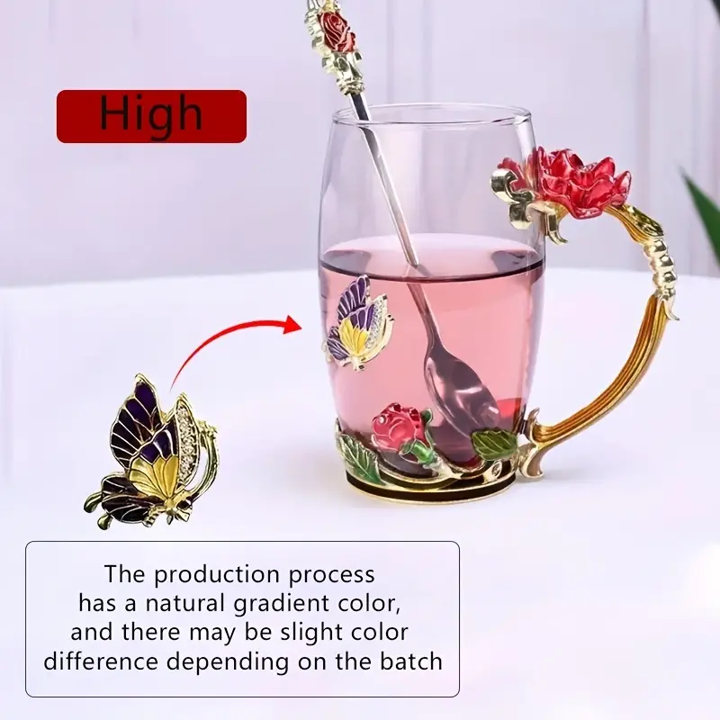 1 pza Taza de té de cristal esmaltada rosa, taza de café, jarros para agua  con rosas y mariposas pintadas, vasos de agua con flores, juego de vidrio  transparente con cuchara - Temu