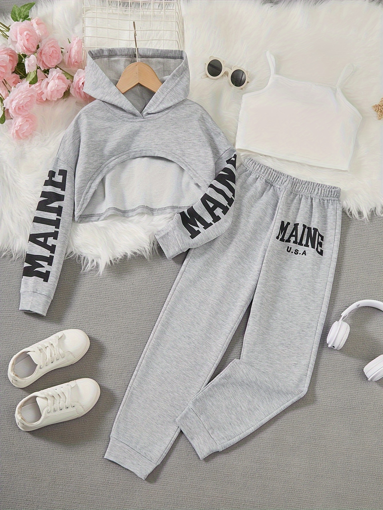 Letter Print Cropped Hoodies + Solid Top + Jogger Pants Set - Temu