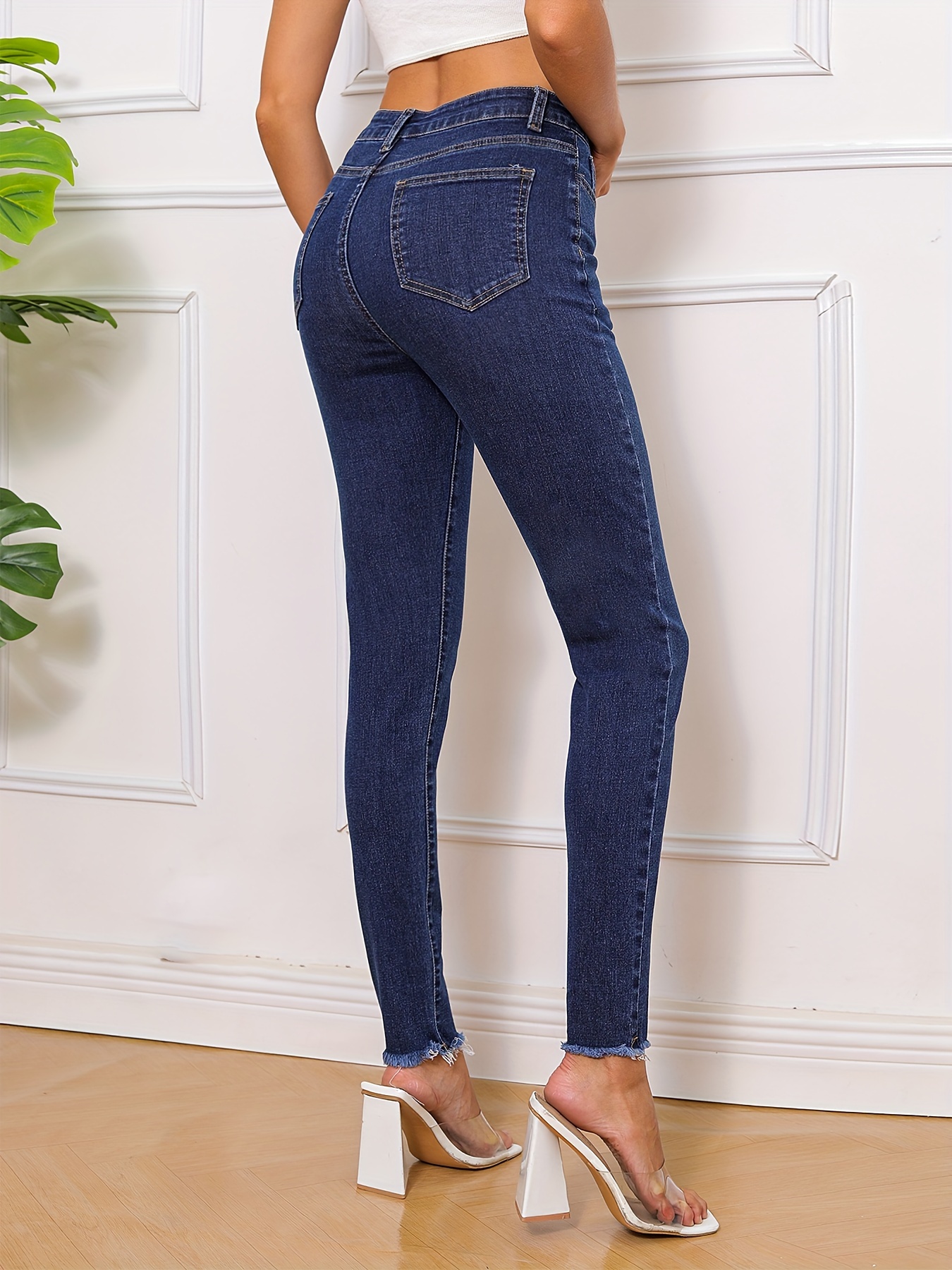 Blue Hem Skinny Jeans High stretch Slim Fit Slant - Temu