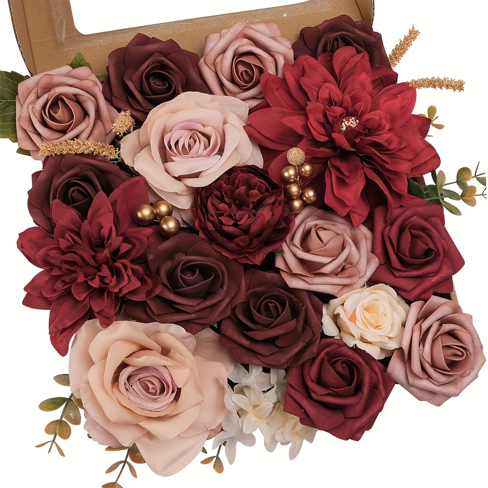 

1box Artificial Burgundy Flower Box Set, Red Artificial Flower Bulk, Artificial Flower Combo For Wedding Halloween Diy Flower Arrangement Centerpiece Bouquet, Christmas Home Decor