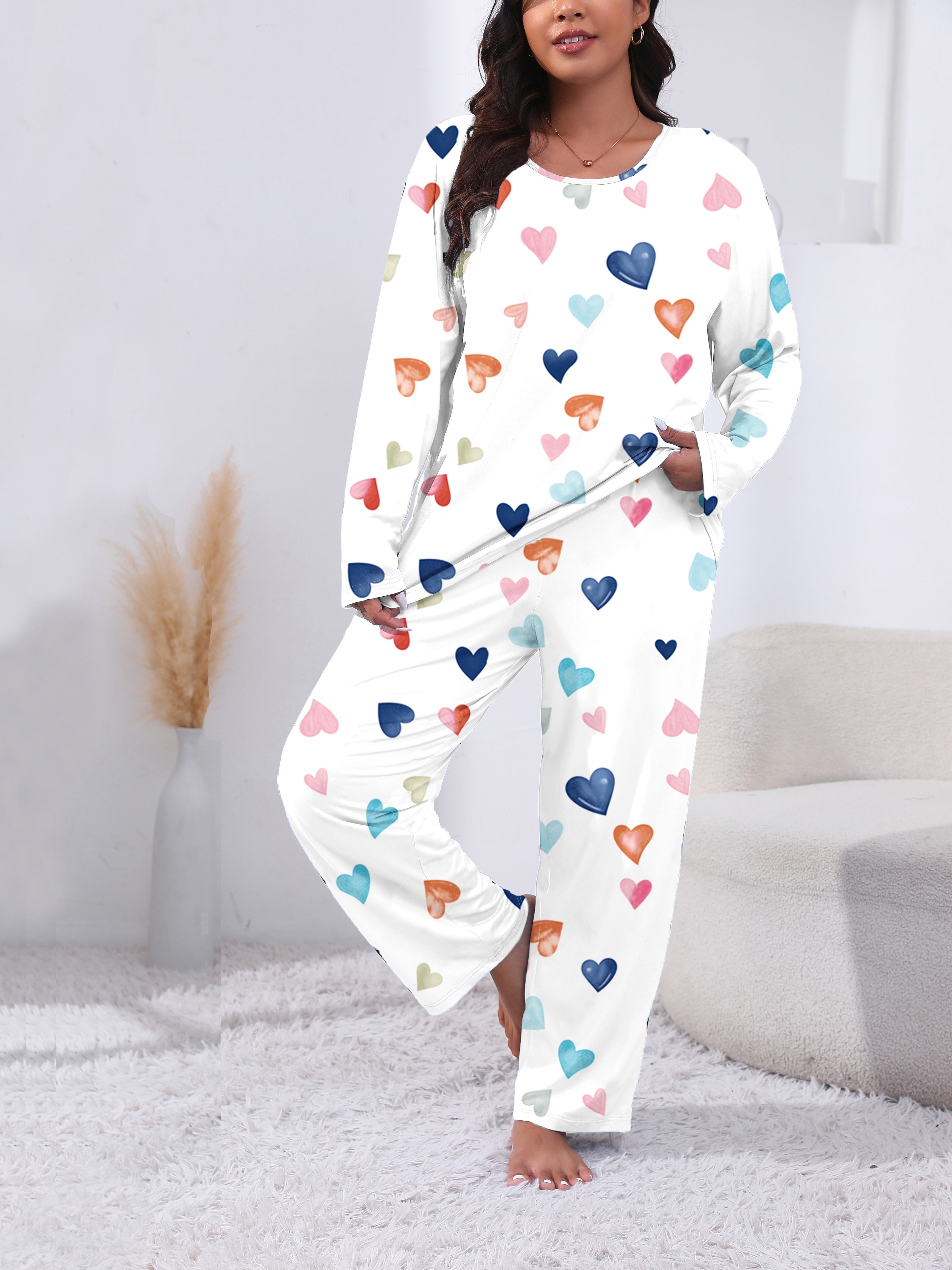 Plus Size Valentine's Day Casual Pajamas Set, Women's Plus Colorful Heart  Print Long Sleeve Top & Pants Lounge 2 Piece Set