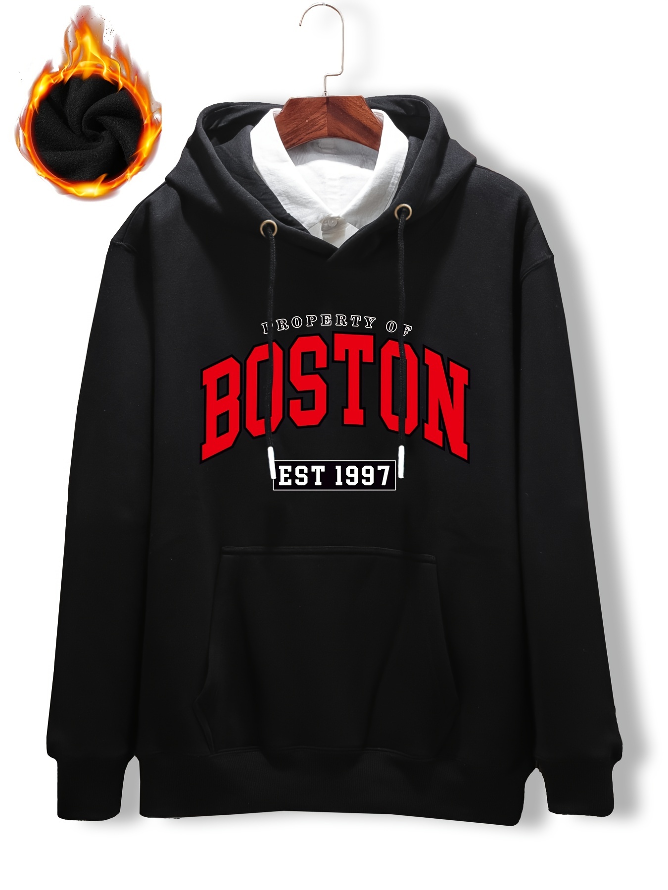 Men's Plus Size 'BOSTON' Print Plain Color Warm Fleece Drawstring Long  Sleeve Hoodie, Thick Thermal Oversize Casual Clothing For Autumn Winter,  For