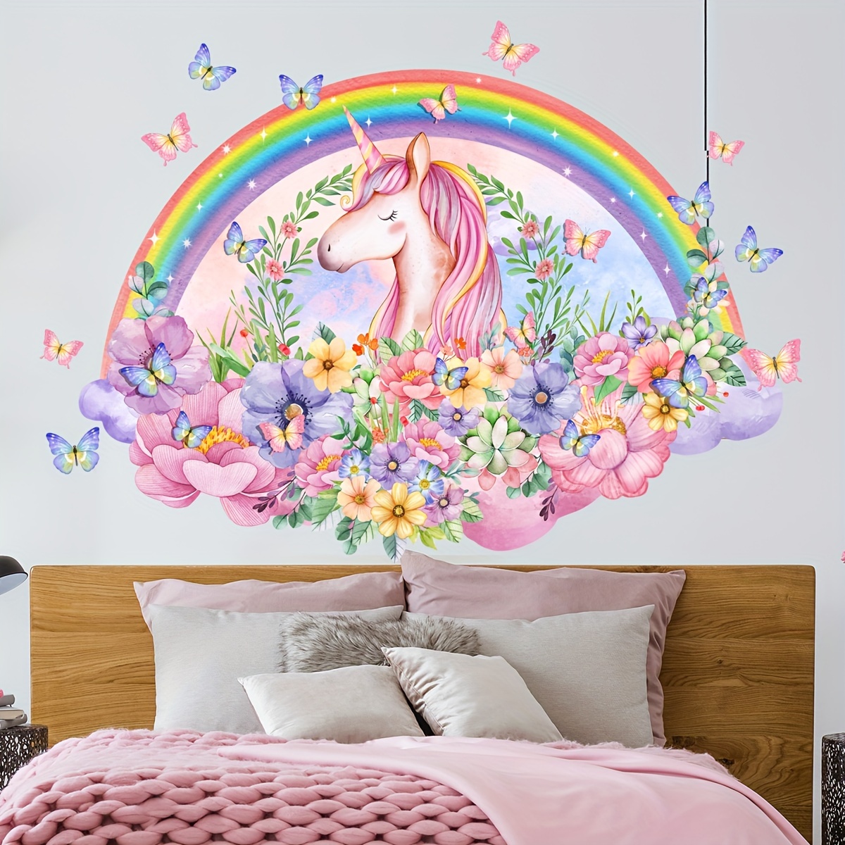 

1set Rainbow Flowers Unicorn Sticker, Living Room Bedroom Decoration Wall Stickers, Self-adhesive Wall Stickers, Bathroom Decor, Home Decor, New Year Gift