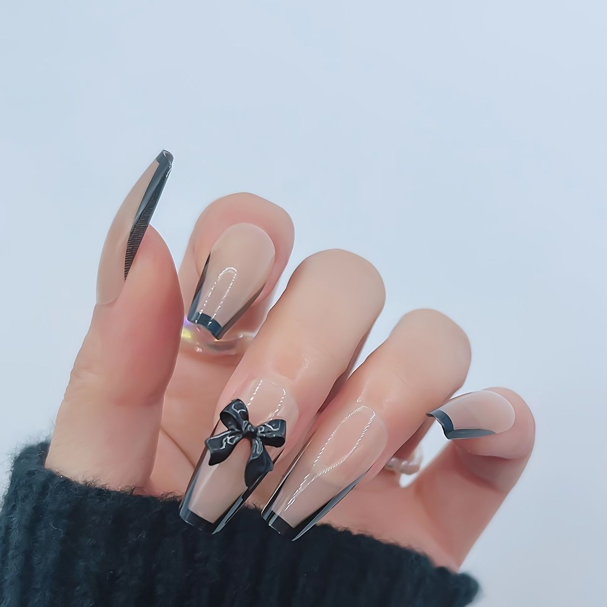 Medium Length Press On Nails French Acrylic Nails Coffin Fake Nails Black  And Clear Nails With Bowknot - Beauty & Personal Care - Temu