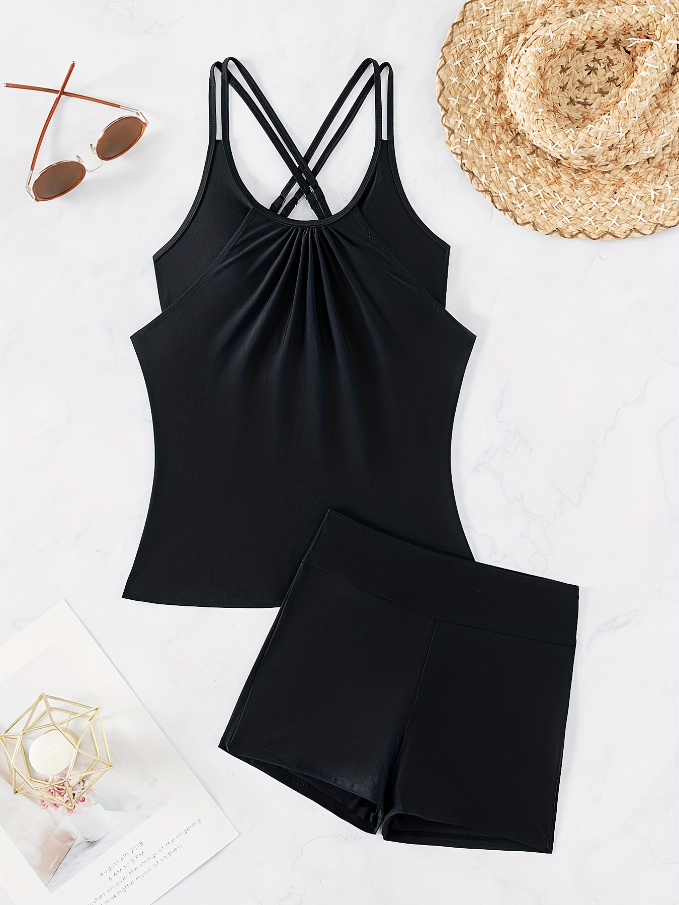 Criss Cross Scoop Neck Solid Black Tankini Stretchy Ruched - Temu