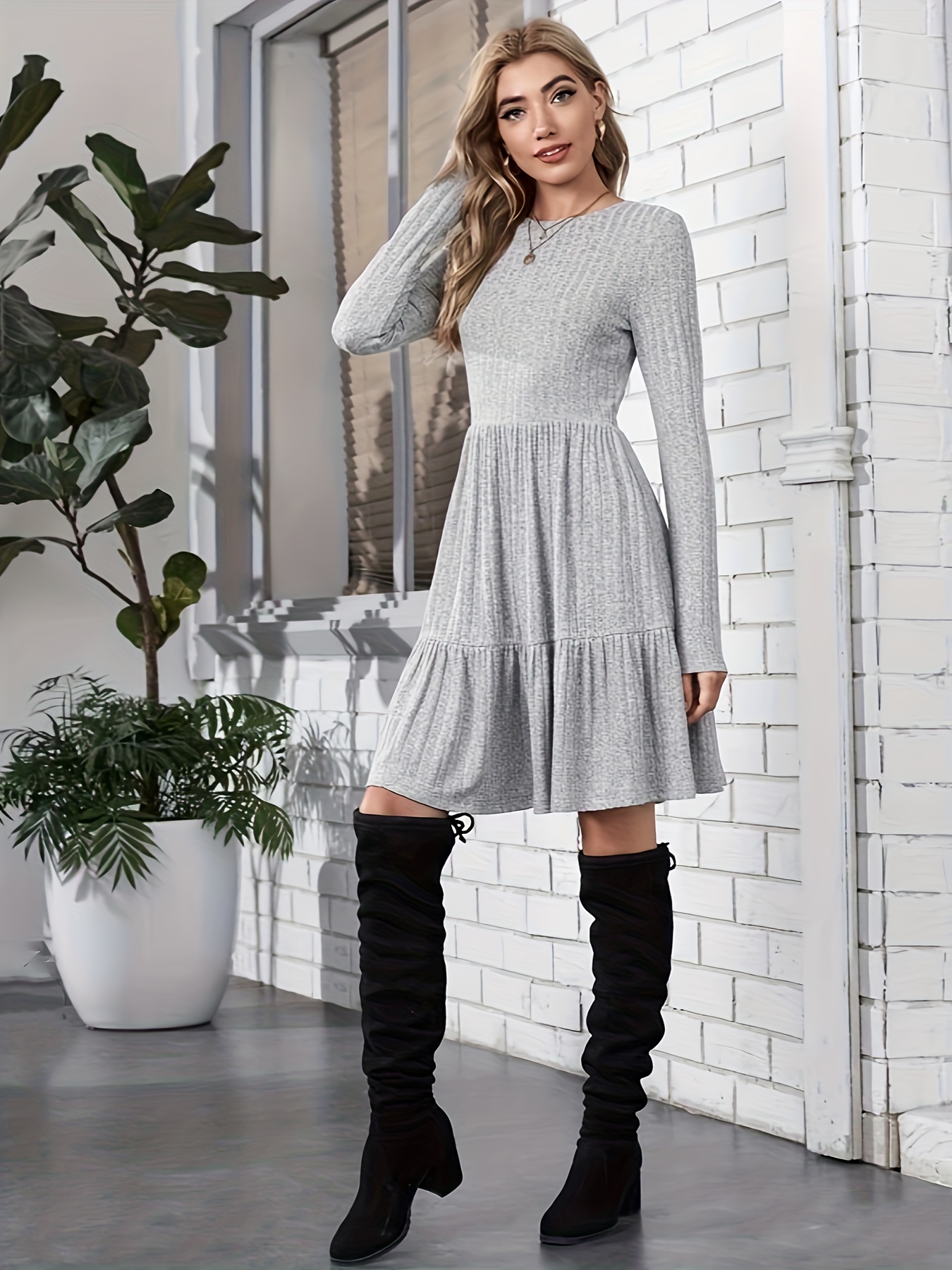Long Sleeve Tiered Knit Dress, Casual Solid Color Crew Neck A-line Dress,  Women's Clothing