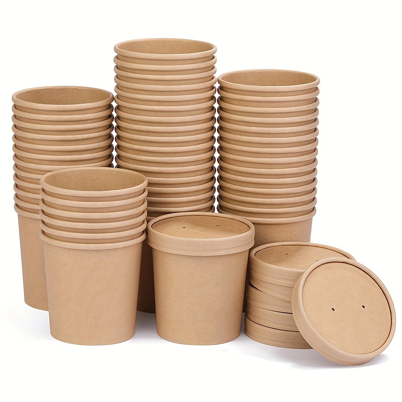 50 Pack] 8 oz Disposable Kraft Paper Soup Containers with Vented