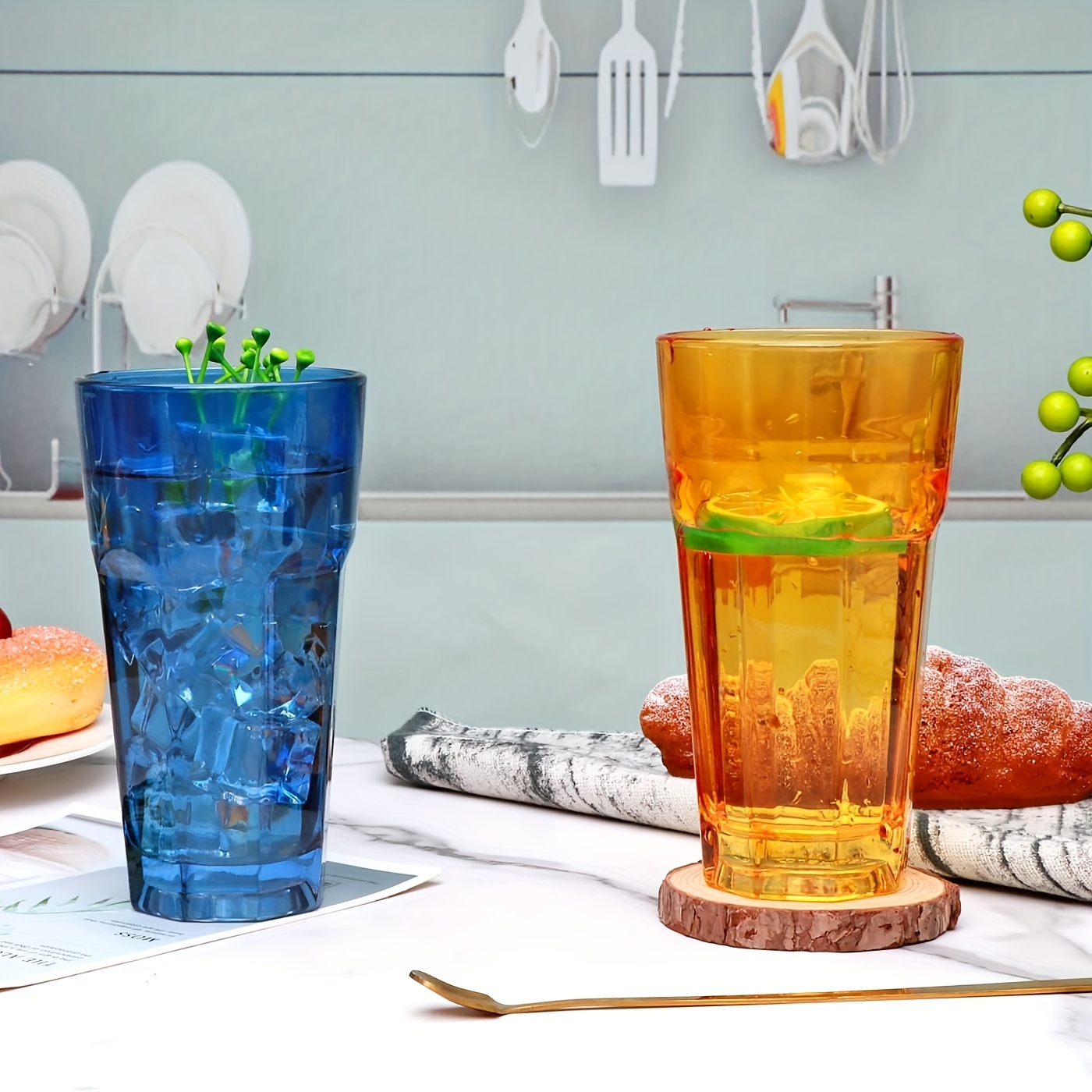 Colorful Glass Cups, Vintage Heavy Duty Water Cups, Iced Coffee