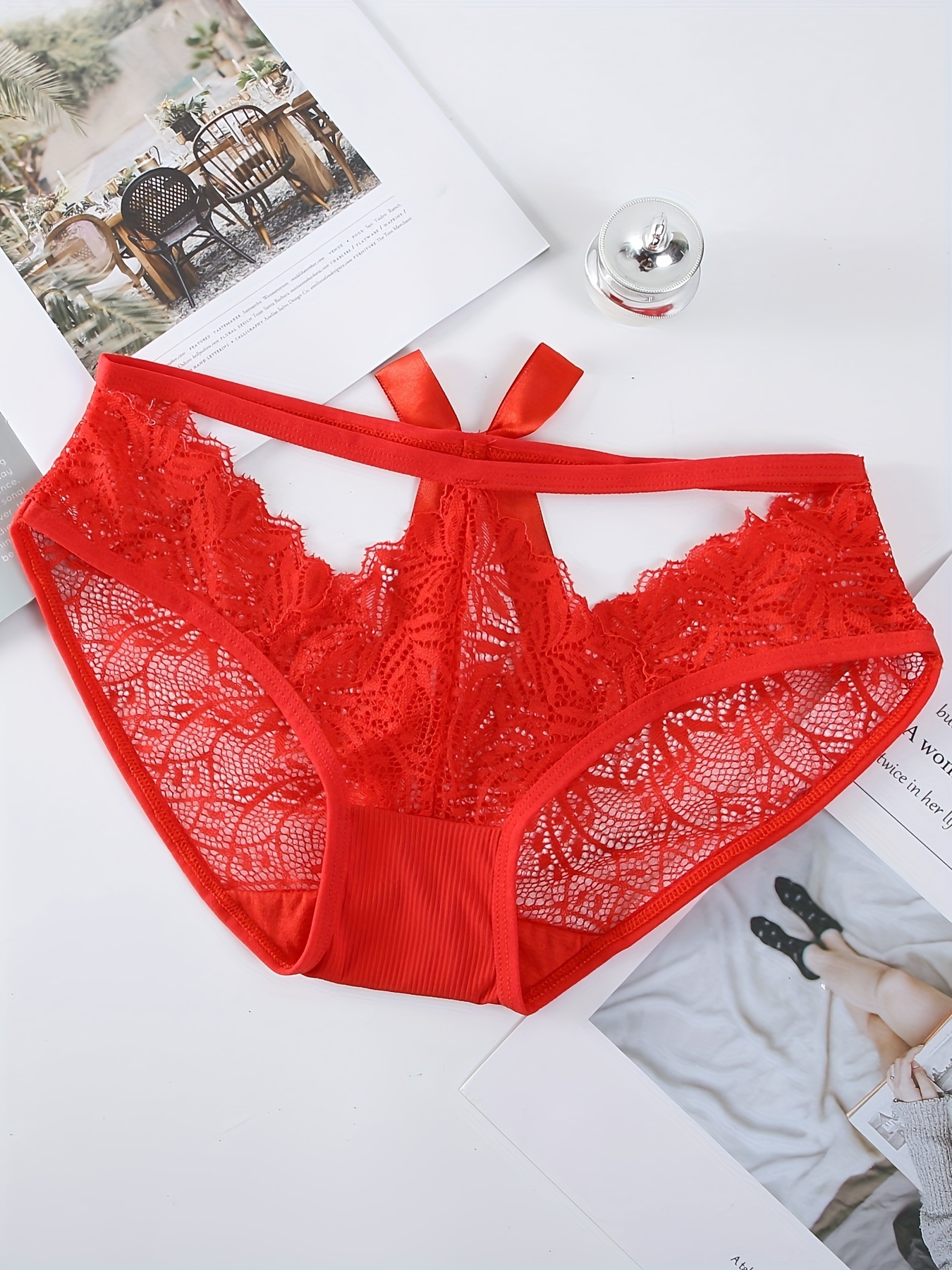 Floral Lace Mesh Briefs Hollow Bow Intimates Panties Women's - Temu