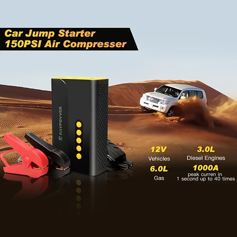  Jump Starter with Air Compressor, 10400mAh Portable Car Battery  Charger & 150PSI Tire Inflator, LCD Display, Power Bank, LED Light, 12V Car  Battery Booster, for 6.0L Gas and 3.0L Diesel Engines 