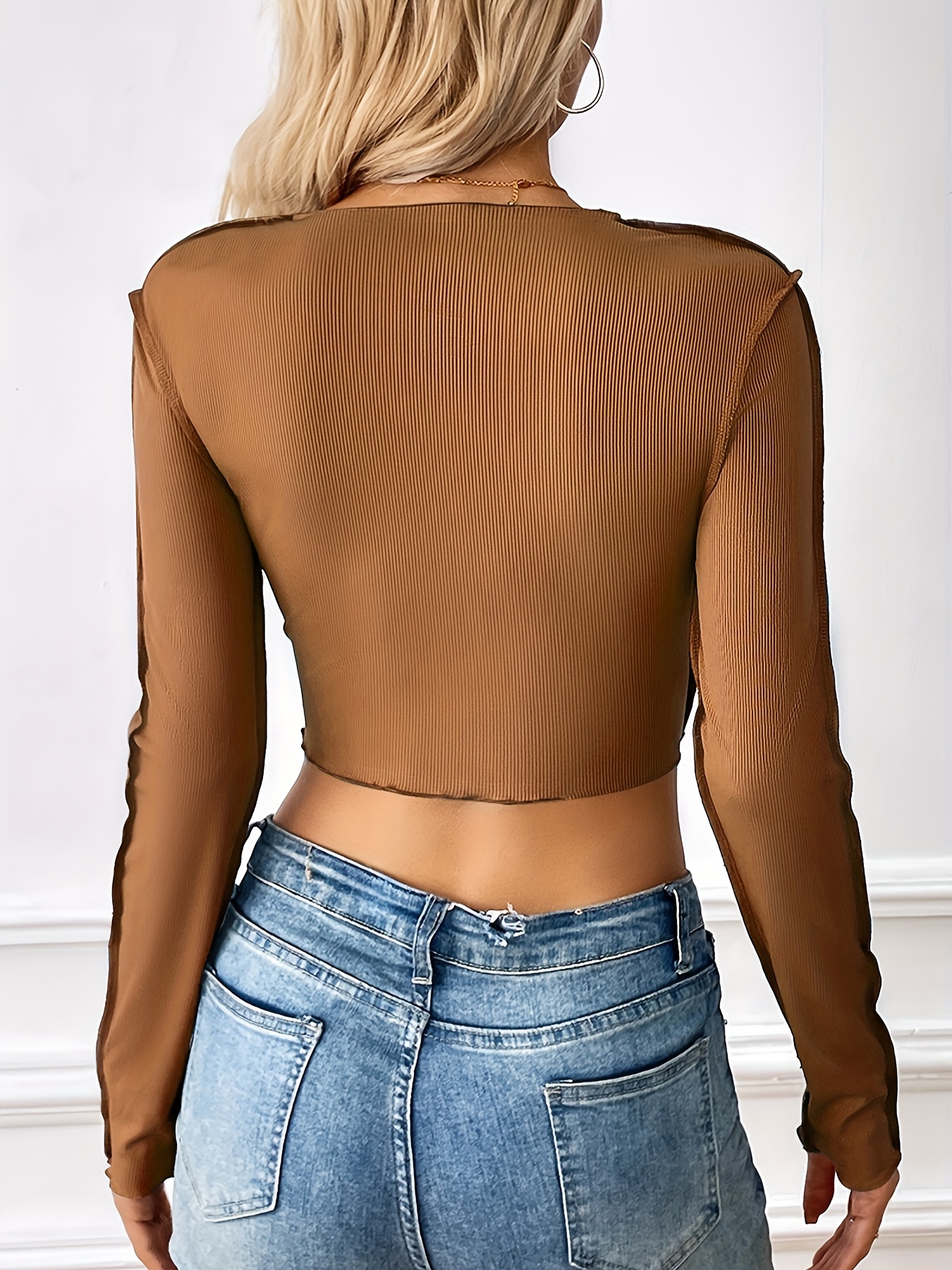 Solid Top stitching Crop T shirt Casual Long Sleeve Top - Temu