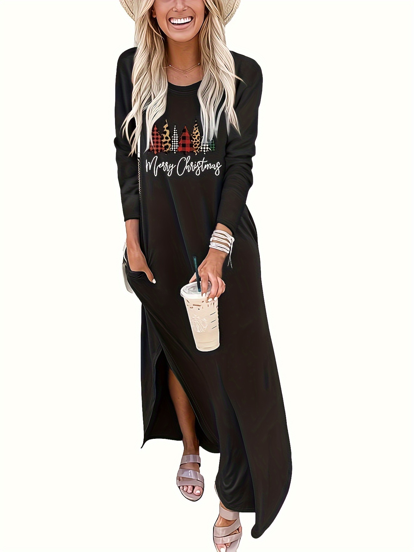 Christmas Tree Print Maxi Dress Casual Crew Neck Long Sleeve - Temu