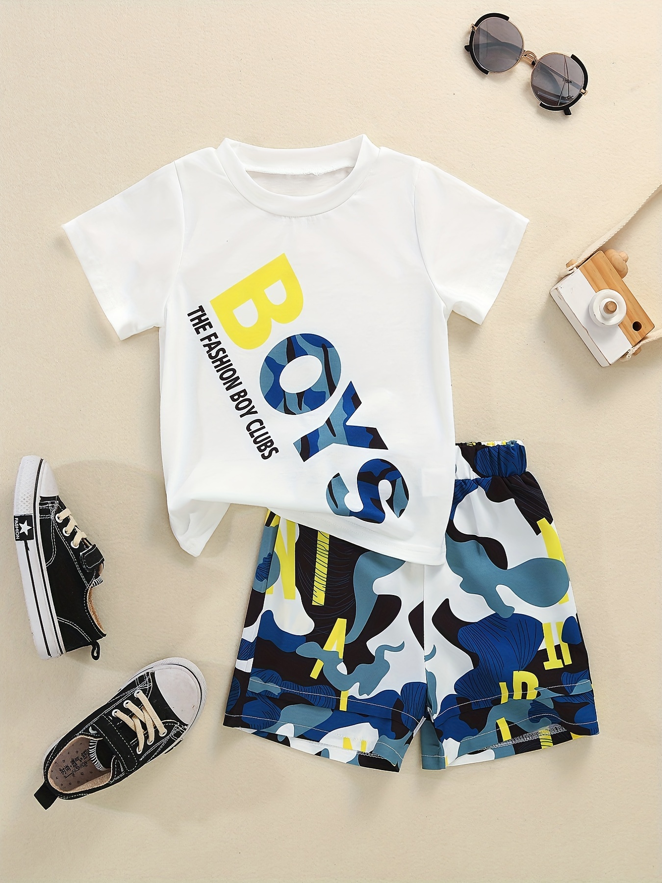 xkwyshop Toddler Kids Boys 2Pcs Outfit Letter Print Round Neck Short Sleeve  T-Shirt Camouflage Shorts Summer Set 