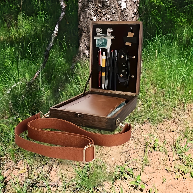Wood Box,Multi-Function Artist Tool and Brush Storage Box,Retro Wooden  Handmade Portable Crossbody Bag for Writing Sketch 