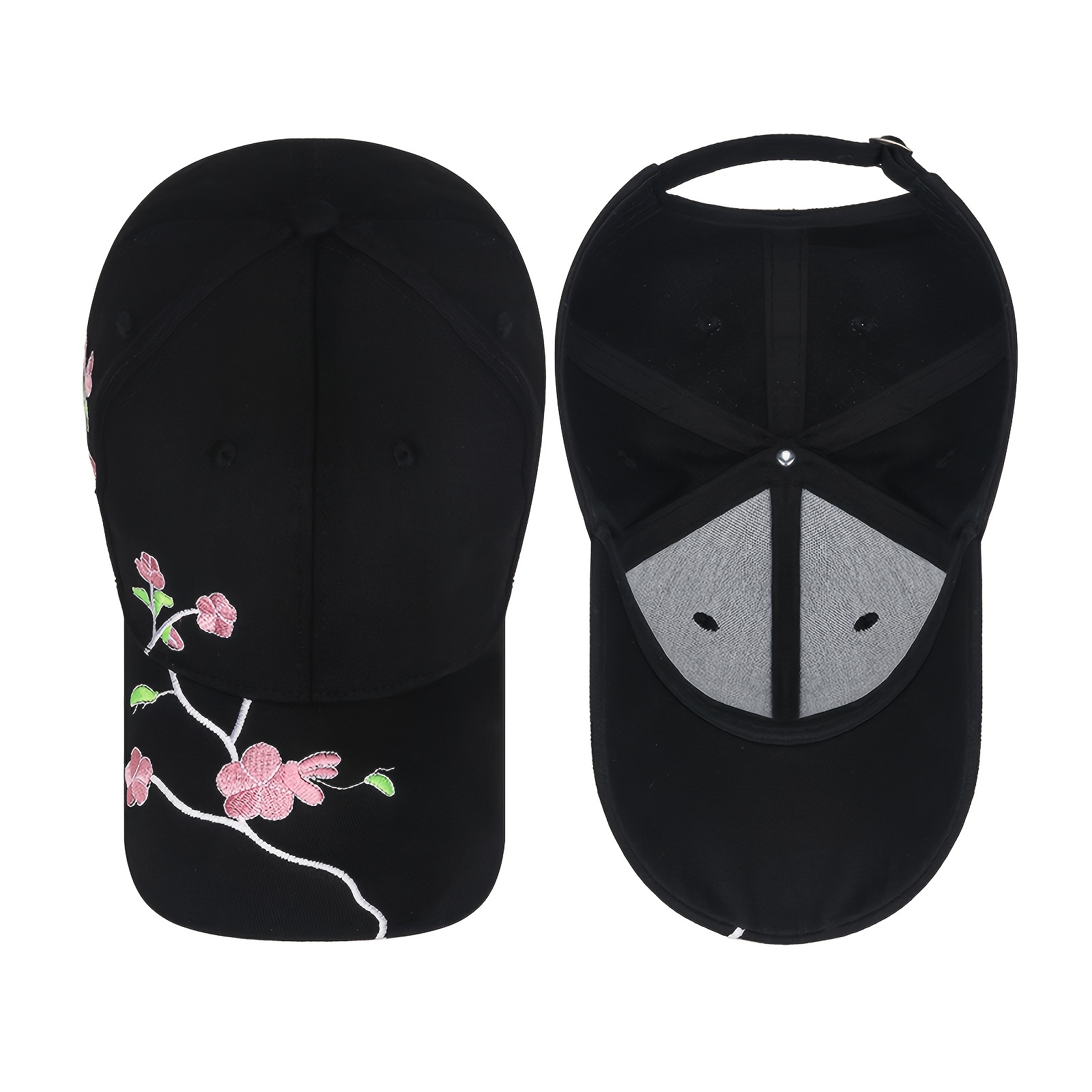 Plum Blossom Embroidery Baseball Cap Elegant Flower Black